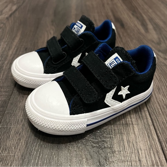 Converse Star Player Infant Double Velcro Black Rush Blue White Shoes - Picture 9 of 12